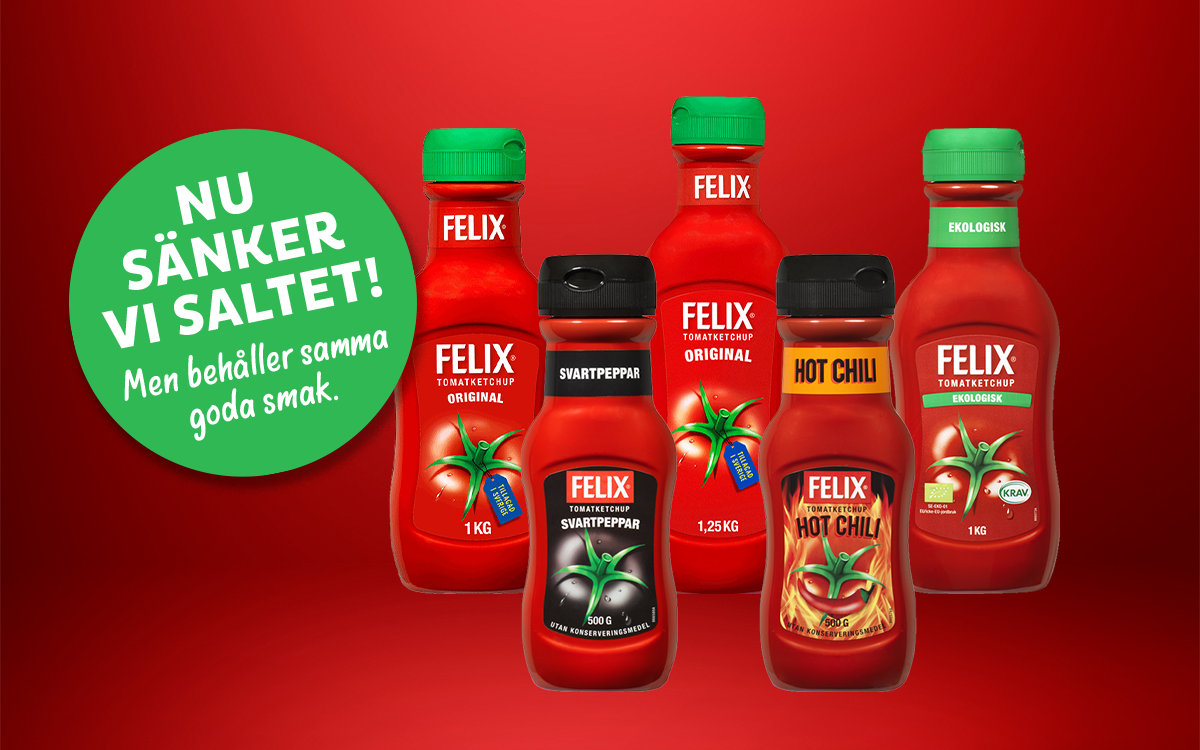 Sortiment av Felix tomatketchup med minskad saltmängd